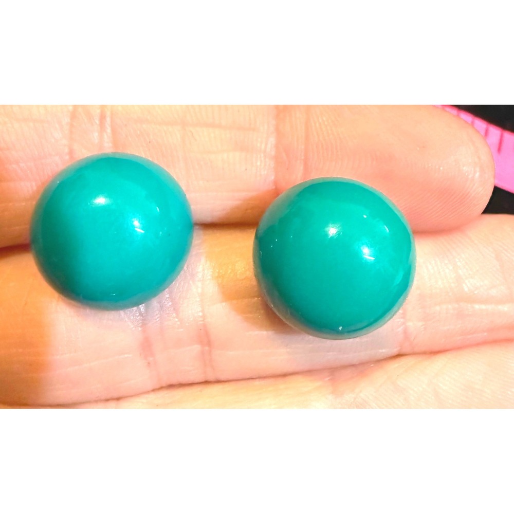 Vintage Teal Turquoise Dome Stud Earrings Round Retro Mod Silver Tone Post 0.75"